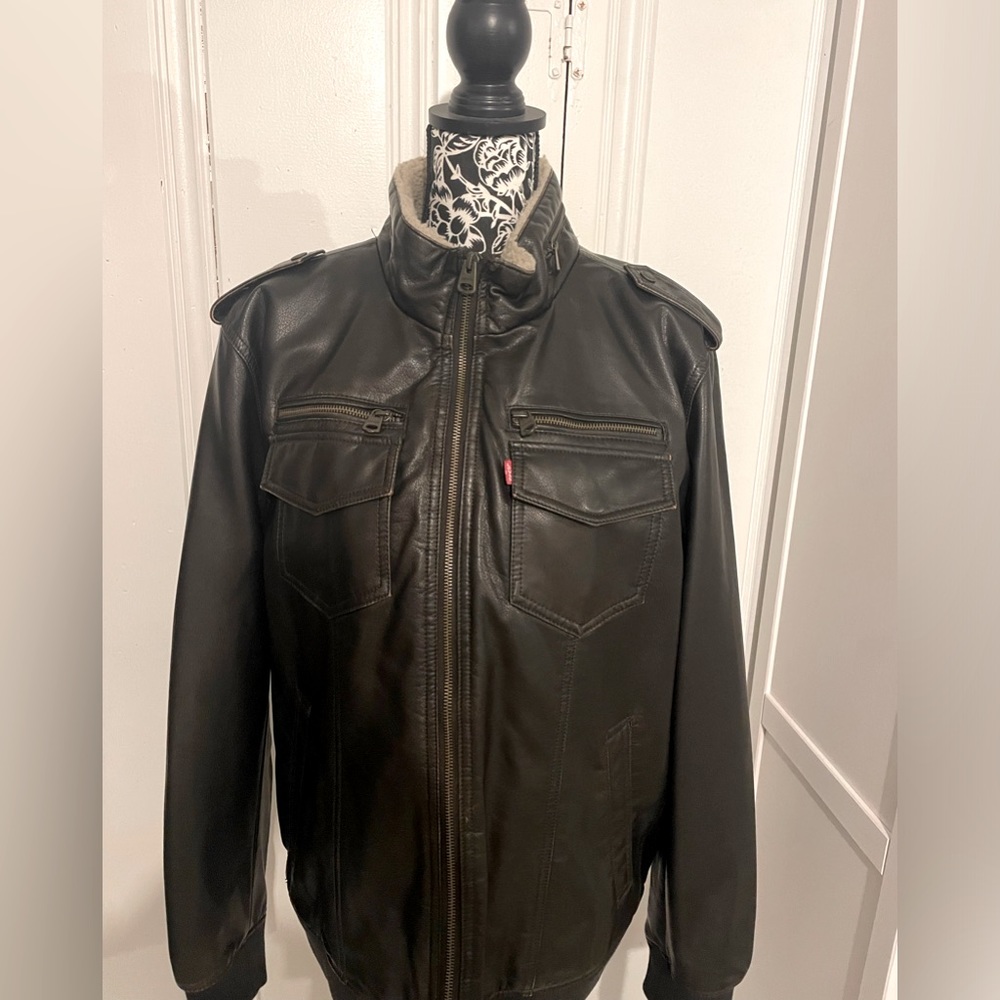 Men's Sherpa Lined Faux Leather Aviator Bomber DARK BROWN SIZE LARGE